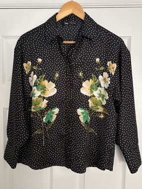 Zara Black Polka Dot Floral Blouse Coquette Whimsigoth Button Up Shirt Sz XS